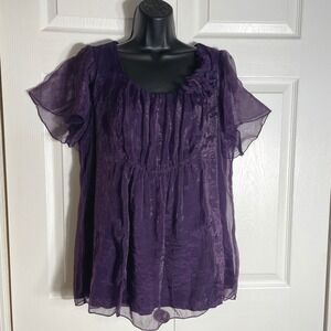 Perseption Shirt Women Large Purple Organza Sheer Floral Detail Short Sleeve Top